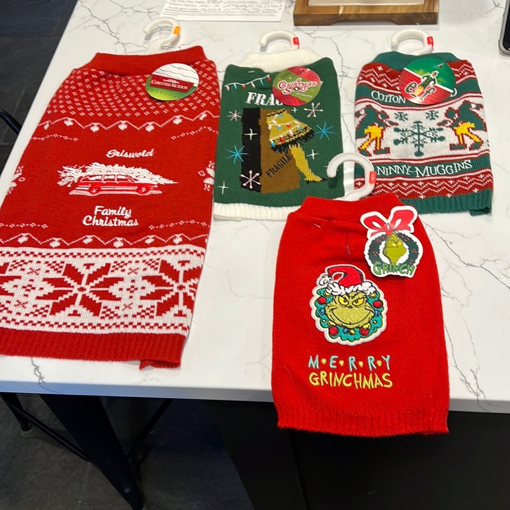Dog sweaters Christmas movie themed